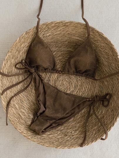 Swim Mod 2026 Spring/Summer 2pcs Set Women Solid Color Sexy Random Leopard Print Spaghetti Strap Backless Side Tie Bikini Set Brown Swimwear Brown Mesh Bikini Brown Bikini Top Earthy Bikini Brown Bikini Set Women's Brown Bikini