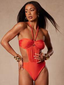 NYA SZN Swim One Piece Swimsuit Beachwear Beach Tropical Gold Hardware Easter St. Patricks Day Brunch Casual Everyday Going Out Party Special Occasion Travel Vacation Office Siren Western Country Date Night Elegant Luxury Outfits For Women - Orange - View 5