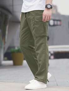 Manfinity Homme Quần cargo nam thời trang thường ngày, phong cách tối giản, đa năng, màu trơn, có nắp và túi hộp, thích hợp cho việc đi làm hàng ngày. - màu xanh lá - Xem 3