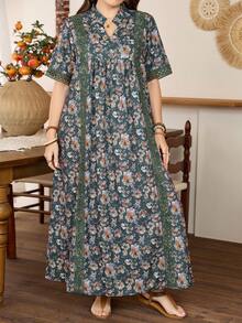 Lacomfia Random Floral Print Pattern Loose Fashionable Simple Elegant Patchwork Lace Comfortable Versatile Plus Size Women Dress - Multicolor - View 7