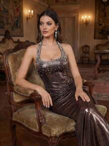 Coutiva Vestido de noche elegante y formal para mujer con decoración de perlas y drapeado - Óxido marrón - Ver 2