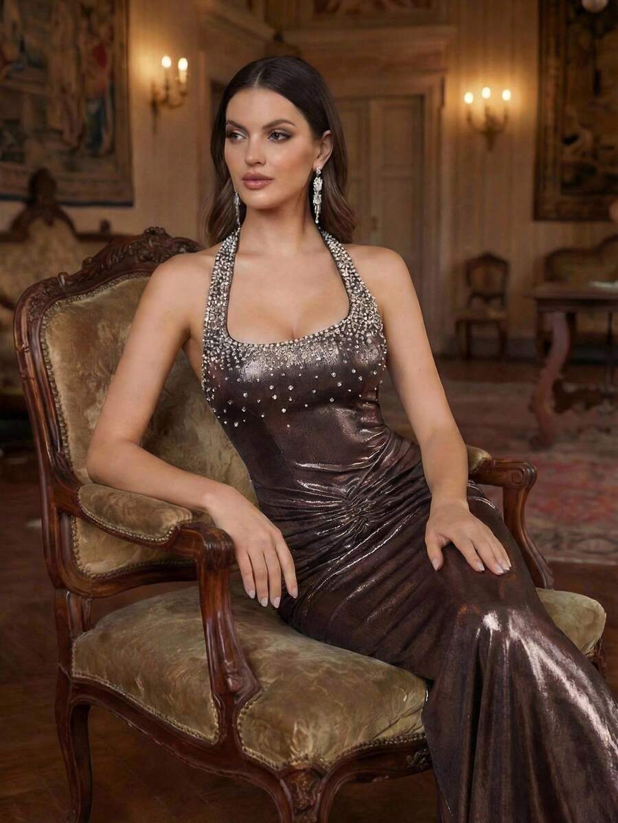 Coutiva Vestido de noche elegante y formal para mujer con decoración de perlas y drapeado