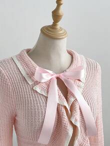 Elamini Rosa kofta med volang och fluga framtill för kvinnor, mångsidig för vår och sommar - Rosa - Visa 6