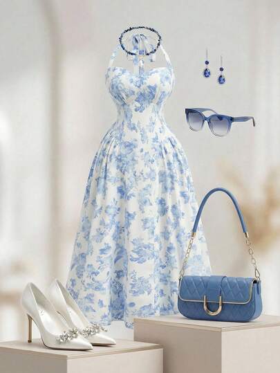 SHEIN MOD Plus Size Women's Romantic Floral Print Halter Mid-Length Dress, Vacation Summer Outfit.Plus Size Blue And White Floral Dress Halter Neckline A-Line Silhouette Vintage-Inspired Print Sweetheart Bodice Fitted Waist Flared Skirt Romantic Style Bow Tie Back Midi Length Soft Sheen Lightweight Fabric Elegant Drape Delicate Blossoms Classic Charm Feminine Curves Textured Appearance Graceful Flow Retro Design