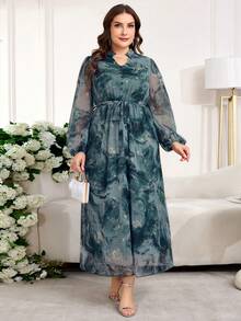 Reflora 大码极简印花薄纱长袖连衣裙 - 藍色 - 查看 4