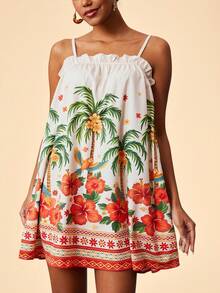 Travachic Vestido suelto con tirantes, volantes y estampado tropical de loro para mujer, ideal para vacaciones de verano en la playa - Multicolor - Ver 4