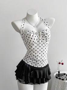 Elamini 白色波点贝壳系带露背吊带背心，优雅甜美可爱浪漫简约度假海滩休闲通勤复古日常百搭款 - 白色 - 查看 3