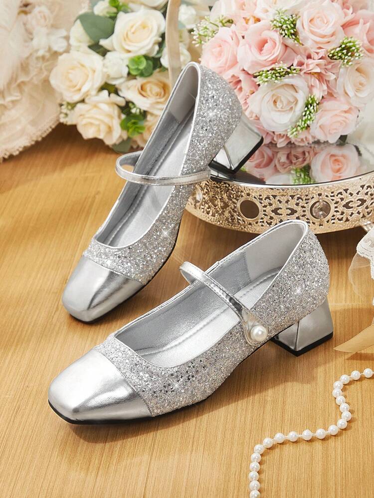 CUCCOO HITCHD Women's Sparkling Crystal & Faux Pearl Flat Shoes, Silver Color Dress Shoes, Bridal Wedding Shoes Elegant Shoes Wedding Shoes Spring Shoes Bride Shoes