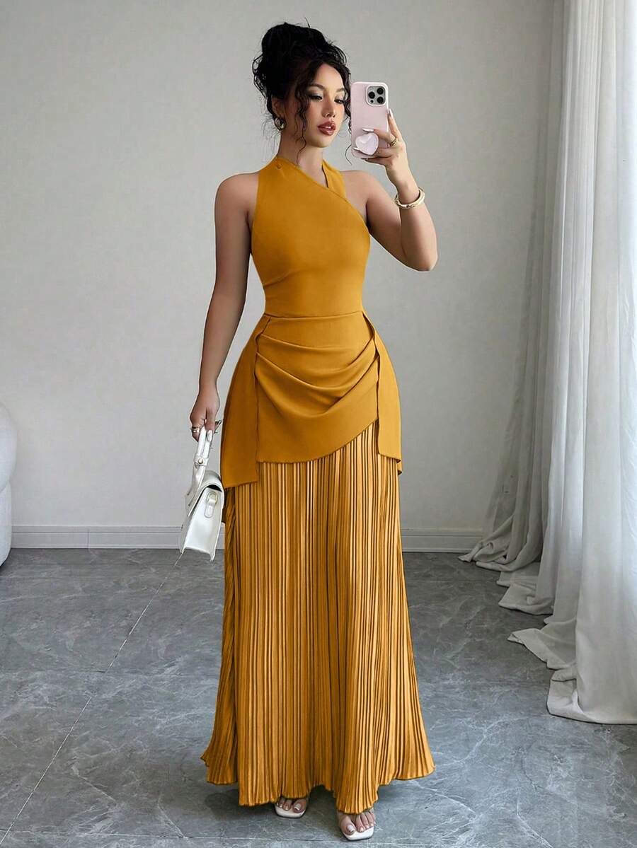 Elenzga Đầm trễ vai xếp ly thanh lịch, kiểu dáng nghỉ dưỡng. - Màu vàng - Xem 1