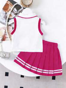 Elladie kids Set de 2 piezas para niñas pequeñas que incluye top sin mangas con estampado de corazones y cuello y falda plisada con dobladillo con volantes - Estilo escolar, adecuado para la temporada de regreso a clases en verano - Rosa Fucsia - Ver 2