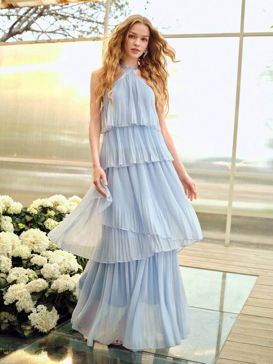 MOTF PREMIUM WOMEN'S ROMANTIC ELEGANT RUFFLE TIERED DRESS, SPRING/SUMMER - Blue - View 1