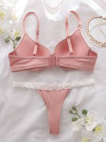 女士内衣套装，粉色无钢圈文胸，提拉侧支撑，清新可爱设计 - 粉色 - 查看 2
