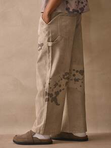 Musero Quần jean ống đứng dáng rộng in họa tiết rằn ri, cài nút, có logo thương hiệu ở phía sau, thích hợp cho mùa xuân hè. - Màu Khaki - Xem 3