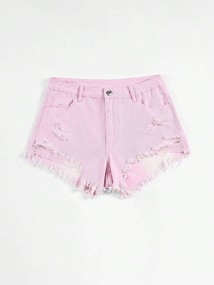 SHEIN EZwear Summer Casual Washed Distressed Denim Shorts - Hot Pink - View 1