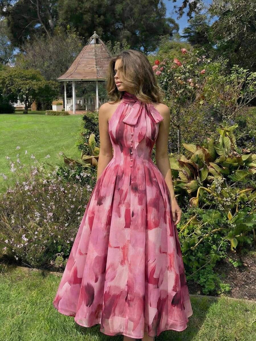 SHEIN MOD Vestido elegante con diseño de botones y estampado de teñido anudado para mujer - Multicolor - Ver 1