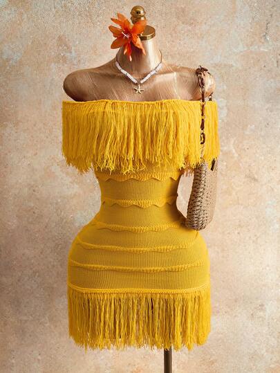 Mistrie Women's Knit Sweater Dress, Off-The-Shoulder, Three-Dimensional Wavy Stripes, Tassel, Short, Yellow, Slim Fit, Sexy, Vacation Outing, Casual Party Outfit, Women's Clothing, Spring/Autumn, Summer, Winter