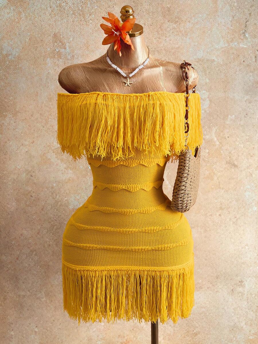 Mistrie 女士针织毛衣连衣裙，露肩设计，立体波浪条纹，流苏点缀，短款，黄色，修身剪裁，性感迷人，适合度假外出、休闲派对等场合，女装，春秋季、夏季、冬季皆宜。 - 黃色 - 查看 1