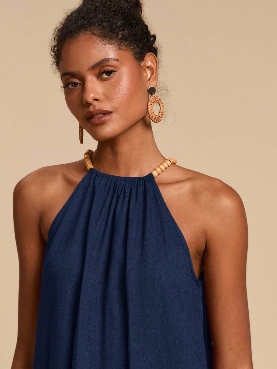 Travachic 女士度假串珠装饰时尚露背连衣裙，女士度假装，女士度假套装，海滩度假装，女士夏季套装，女士夏季连衣裙，女士连衣裙，夏季连衣裙 - 霧霾藍 - 查看 1