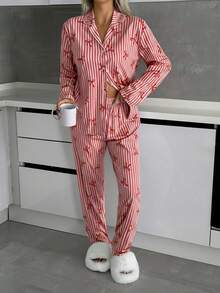 EURMUSE Women 2 Pcs Button Front With Striped&Bot Pattern Homewear Cute Pajama Set - Red - View 5