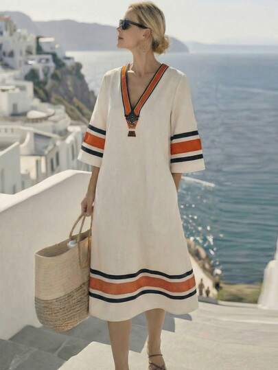 Breezaya Women's V-Neck Colorblock Striped Print Loose A-Line 3/4 Sleeve Midi Dress, Casual Vacation Linen Outfits, Spring/Summer