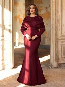 Aureia Plus Size Elegant Burgundy Spring Evening Dress,Angora Red Twist Knot Crew Neck Long Sleeve Fitted Fishtail Hem,Date Ball Wedding Bridesmaid - Red - View 3