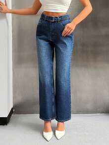 EURMUSE Jeans de cintura alta rectos con detalle de cinturón - Azul lavado medio - Ver 3