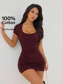 SHEIN PETITE Đầm mùa hè trơn, đầm ôm sát xếp ly. - Màu đỏ tím - Xem 6