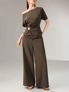 Heiryn New Design Unique Oblique Shoulder Ruched Metal Buckle Decor Elegant Commuter Top And Pants Two Pieces Set - Coffee Brown - View 4