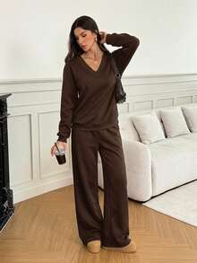 Women's Oversized V-Neck Fluffy Soft Stretch Loose Sweatshirt And Sweatpants 2 Pieces Set, Autumn/Winter Comfy Two Piece Set Brown Two Piece Set Women, Tall Women - Brown - View 7