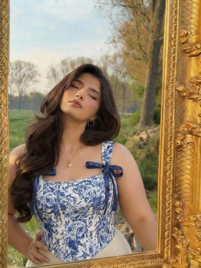 SHEIN MOD 加大码蝴蝶结前系带后背蓝白束身背心