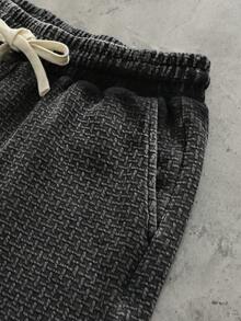 ROMWE MEN Essentials Quần short nam dáng rộng, chất liệu vải jacquard kẻ caro, đã qua xử lý giặt. - màu đen - Xem 4