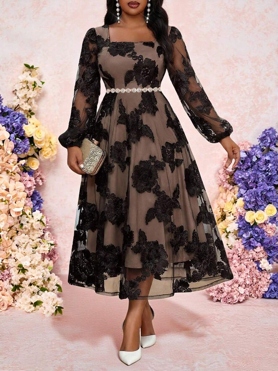 SHEIN Lady Elegant Spring Formal Wedding Dresses,Shades Of Brown Vintage Embroidery Square Neck Ball Gown Modest Plus Size Long Bishop Sleeve Cocktail Party - Pink - View 1