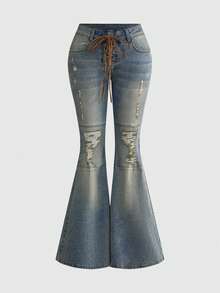 ROMWE Y2K Quần jeans ống rộng cạp cực thấp kiểu vintage rách rưới thời kỳ đầu những năm 2000. - Màu xanh lam - Xem 1