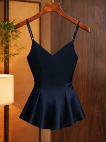 Franclia 女士时尚优雅深V领吊带衫 - 藏蓝色 - 查看 2