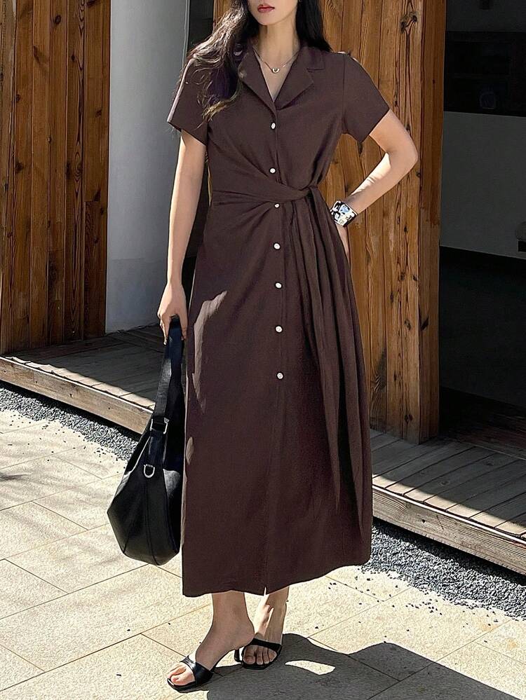 Women's Solid Color Waist Tie Design Elegant Cinched Waist Midi Dress, Suitable For Parties And Events Summer