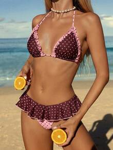 Swim Mod Bộ 2 món đồ bơi nữ mùa hè đi biển, họa tiết chấm bi đen trắng ngẫu nhiên, kiểu bikini buộc dây cổ sau, quần bơi xếp ly. - Nhiều màu - Xem 3