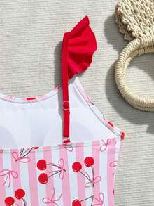 SHEIN 少女可爱蝴蝶结樱桃印花荷叶边连体泳衣，适合游泳、度假、夏季海滩 - 彩色 - 查看 6