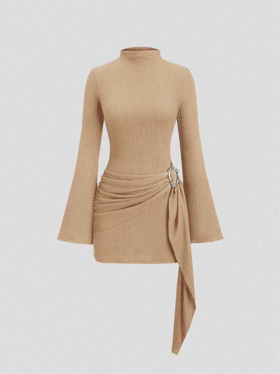 SHEIN Sweetro Waist-Cinching Minimalist Flare Sleeve Bodycon Cinched Waist Dress - Khaki - View 1