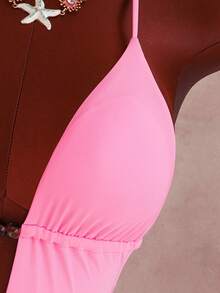 Swim Vcay Deep V-Neck Backless Elegant Solid Color Ruffle Hem Skirt, Beaded Spring/Summer Beach Bikini Swimsuit 2-Piece Set - Hot Pink - View 7