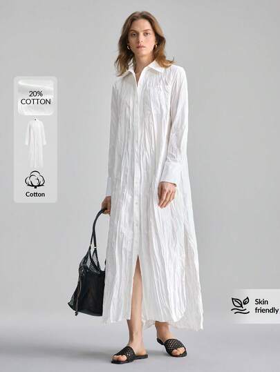 Ontre 2026ss Women's Comfortable And Skin-Friendly Viscose Shirt, Crinkle Texture, Loose Fit, Turndown Collar, Long Sleeve, Contrast Collar And Cuff Design, Modern Urban Fashion, Business Casual, Office Wear, Low-Key Vintage Vibe, High-End Quality, Airport, Cruise, Middle East Elegant Wedding Guest Attire, Minimalist Luxurious Feel, Versatile For All Seasons Valentine's Day Special Design High-End, Elegant, Old-Fashioned Cruise Attire For Wedding Guests High-End, Elegant, Old-Fashioned Cruise