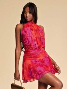 SHEIN BAE 红色扎染露背吊带迷你连衣裙，夏季海滩度假连衣裙，早午餐连衣裙，优雅连衣裙，夏季印花连衣裙，沙滩连衣裙 - 紅色 - 查看 5