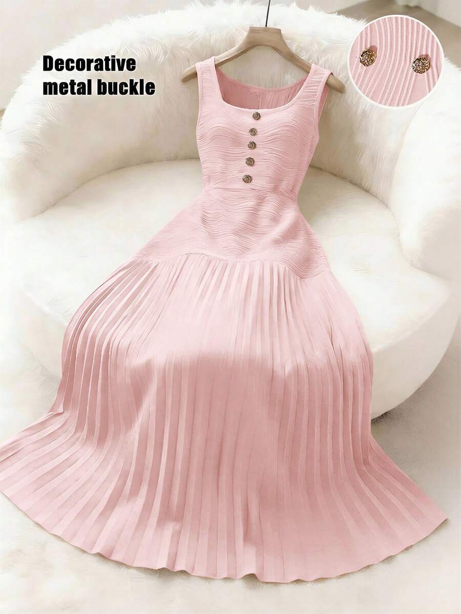 Franclia 女士优雅休闲浪漫宽松性感派对音乐会聚会情人节约会外出生日装新年装夏季连衣裙嘉年华服装沙滩装派对连衣裙白色连衣裙杏色连衣裙拼接纹理面料褶皱伞裙A字连衣裙纽扣装饰配饰优雅纹理针织修身纹理针织面料 - 粉色 - 查看 1