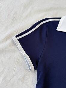 SHEIN Kaos Polo Lengan Pendek Kasual Warna Blok dengan Bordir Pita dan Busur untuk Remaja Perempuan, Musim Panas, Kaos Polo untuk Remaja Perempuan - Blue and White - View 6