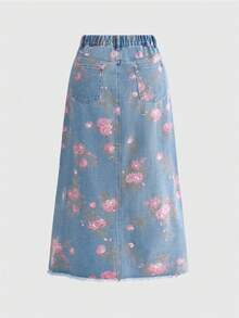 ROMWE Fairycore Váy denim dáng ôm xẻ tà dành cho nữ, in họa tiết hoa cổ điển, đã qua xử lý, cỡ lớn. - Màu xanh lam - Xem 5
