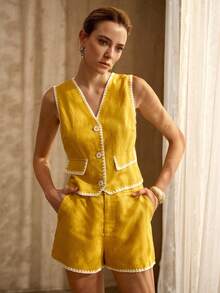 MOTF PREMIUM CONTRAST TRIM BUTTON UP VEST & SHORTS SET - Mustard Yellow - View 5