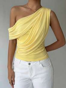 Aloruh Kaos Wanita Romantis dengan Detail Kerutan dan Lipatan di Bagian Leher, Cocok untuk Liburan Musim Semi/Panas - Kuning - View 4