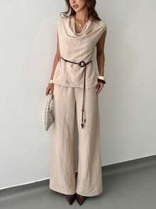 RiviMae Fashionable Elegant Casual Loose Scoop Neck Short Sleeve Top With Belt And Wide Leg Pants Women's Spring/Summer Khaki 2 Pieces Set - Khaki - View 5