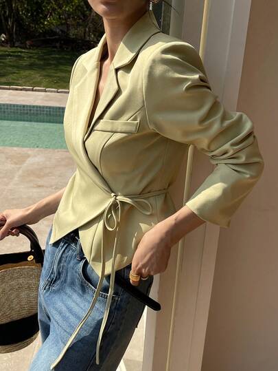 DAZY Women's Fashion Solid Color Distressed Lapel Wrap Tie Blazer Jacket