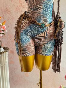 Flirla Body de cuello en U sin espalda con decoración de cuentas ámbar con estampado de leopardo para mujer, conjunto de fiesta vintage sexy para primavera/verano, uso casual y de calle - Multicolor - Ver 7