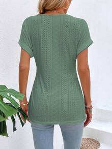 SHEIN LUNE 撞色蕾丝蝙蝠袖开衩下摆T恤图案女式上衣 - 軍綠色 - 查看 2